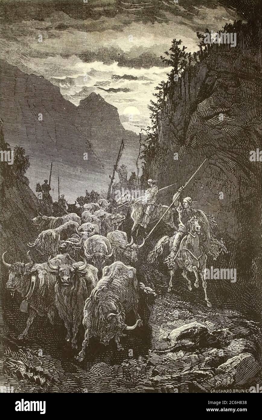 Taureaux de combat conduits A Valence Anhänger la Nuit [Gefechtsbullen, die in der Nacht nach Valencia getrieben werden] Seitenillustration aus dem Buch 'L'Espagne' [Spanien] von Davillier, Jean Charles, barón, 1823-1883; Doré, Gustave, 1832-1883; Veröffentlicht in Paris, Frankreich von Libreria Hachette, 1874 Stockfoto