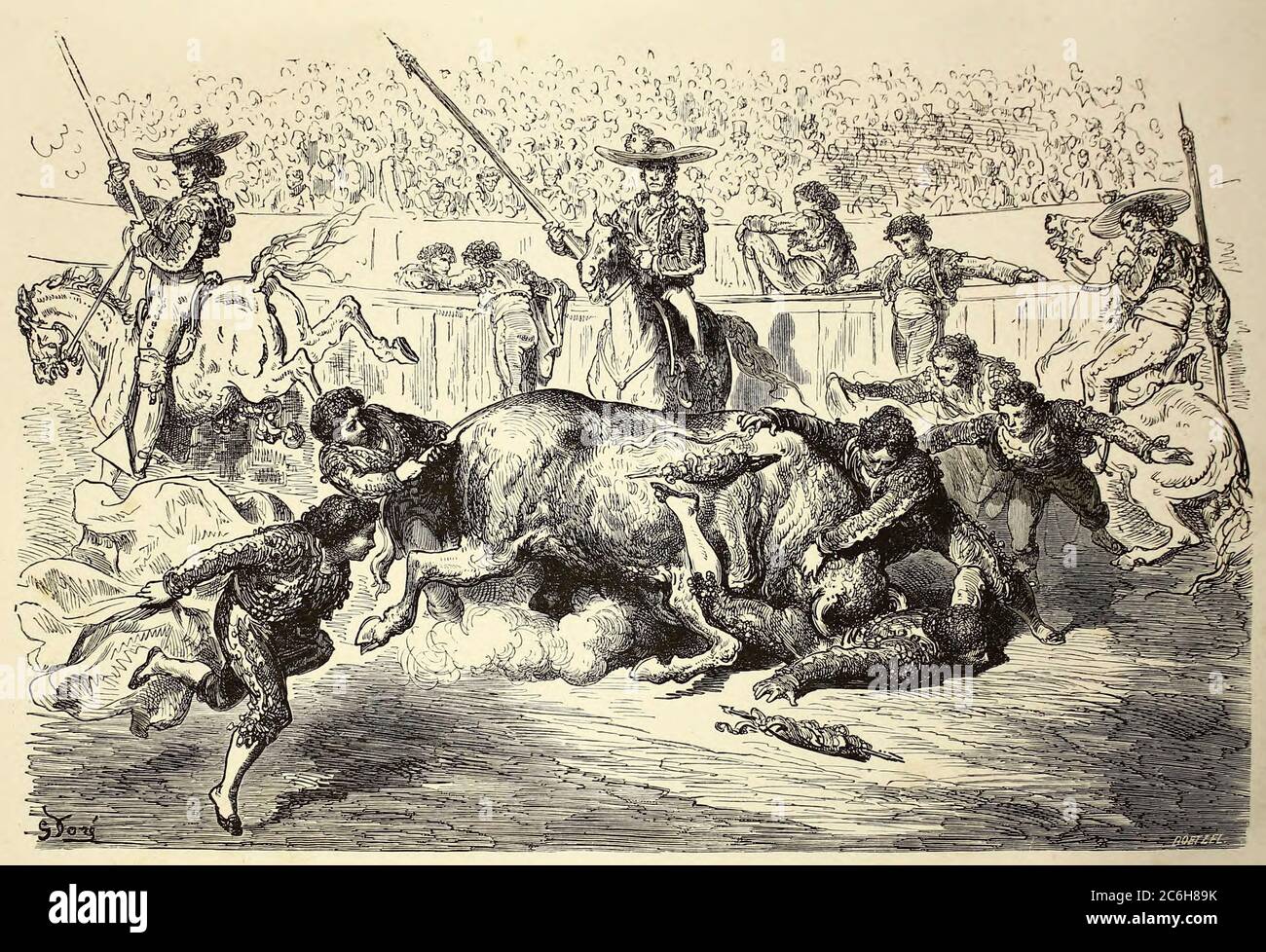 UN Banderillo en Danger [A Banderillo in Danger - small victory to the Bull] Seitenillustration aus dem Buch 'L'Espagne' [Spanien] von Davillier, Jean Charles, barón, 1823-1883; Doré, Gustave, 1832-1883; Veröffentlicht in Paris, Frankreich von Libreria Hachette, 1874 Stockfoto