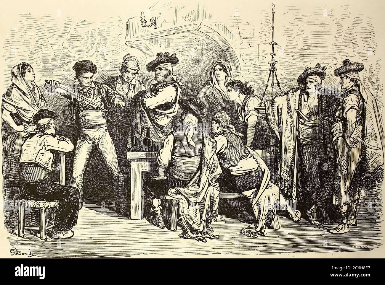 Le RECIT dy Torero apres la Victoire [Rezitation der Geschichte des Tötens des Stiers nach dem Sieg] Seitenillustration aus dem Buch 'L'Espagne' [Spanien] von Davillier, Jean Charles, barón, 1823-1883; Doré, Gustave, 1832-1883; Veröffentlicht in Paris, Frankreich von Libreria Hachette, 1874 Stockfoto