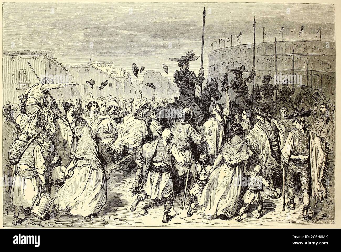 L'Arrivee des Picadores [die Ankunft der Picadores] Seitenillustration aus dem Buch 'L'Espagne' [Spanien] von Davillier, Jean Charles, barón, 1823-1883; Doré, Gustave, 1832-1883; Veröffentlicht in Paris, Frankreich von Libreria Hachette, 1874 Stockfoto