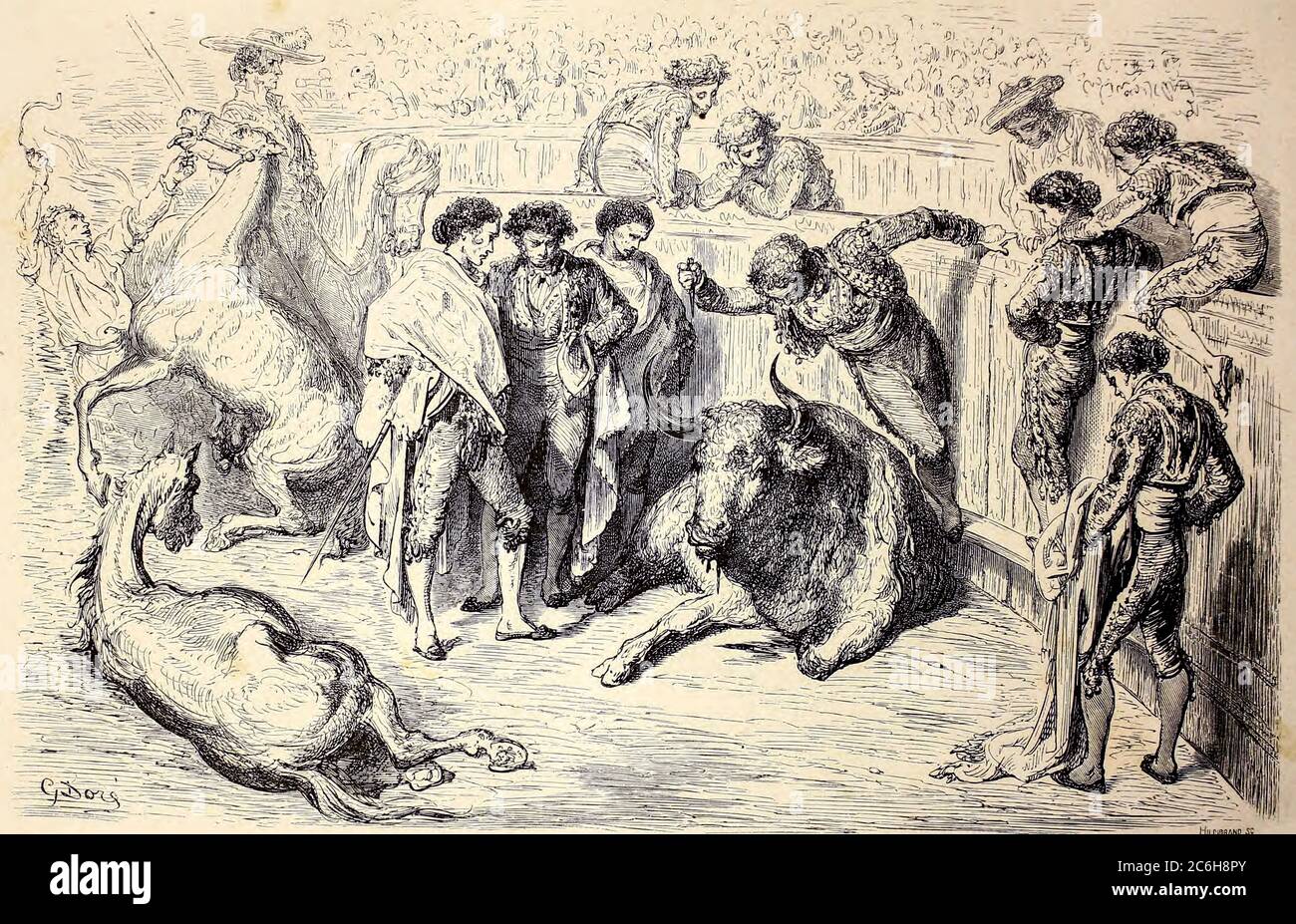 Le Cachetero [Tötung des Stiers mit einem Dolch] Seitenillustration aus dem Buch 'L'Espagne' [Spanien] von Davillier, Jean Charles, barón, 1823-1883; Doré, Gustave, 1832-1883; Veröffentlicht in Paris, Frankreich von Libreria Hachette, 1874 Stockfoto