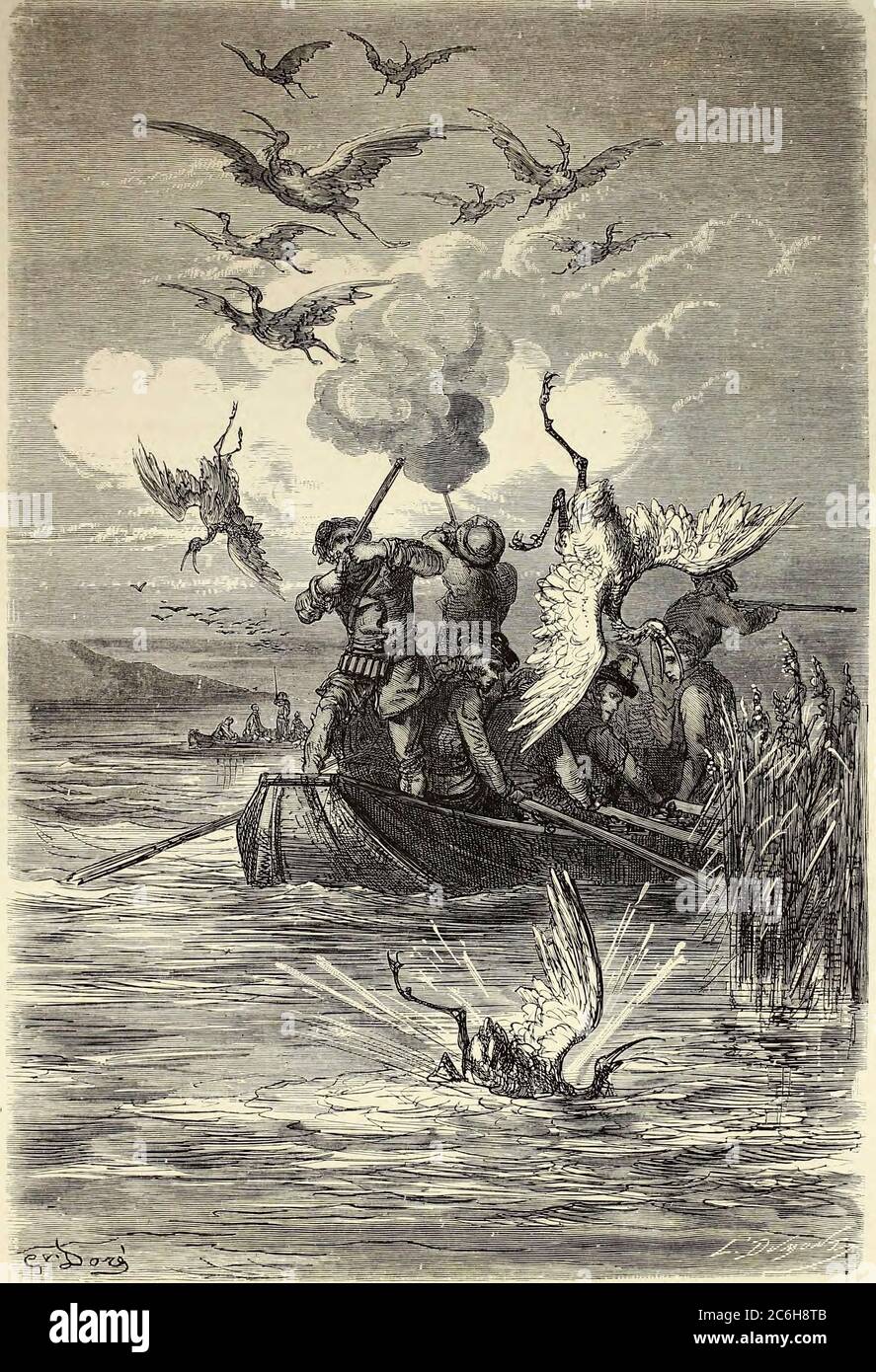 Chasse aux Phenicopteres sur le Lac d'Albufera [Vogeljagd am Albufera-See] Seitenillustration aus dem Buch 'L'Espagne' [Spanien] von Davillier, Jean Charles, barón, 1823-1883; Doré, Gustave, 1832-1883; Veröffentlicht in Paris, Frankreich von Libreria Hachette, 1874 Stockfoto