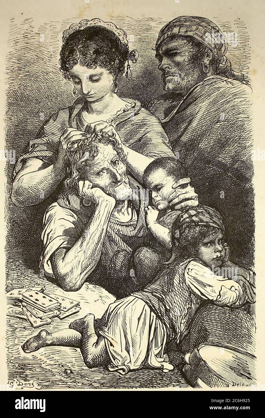 Famille de Gitanos, a Totana [Zigeunerfamilie in Totana] Seitenillustration aus dem Buch 'L'Espagne' [Spanien] von Davillier, Jean Charles, barón, 1823-1883; Doré, Gustave, 1832-1883; Veröffentlicht in Paris, Frankreich von Libreria Hachette, 1874 Stockfoto