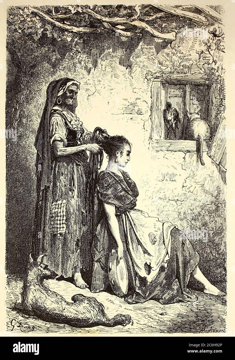 Toilette d'une Gitana, A Diezma [Toilette einer Zigeunerfrau, in Diezma] Seitenillustration aus dem Buch 'L'Espagne' [Spanien] von Davillier, Jean Charles, barón, 1823-1883; Doré, Gustave, 1832-1883; Veröffentlicht in Paris, Frankreich von Libreria Hachette, 1874 Stockfoto