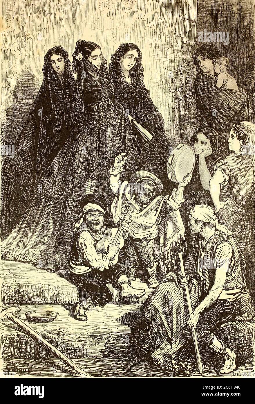 Dames de Grenade Encoutant des Nains Musiciens [Ladies of Granade [Granada] Listening to Dwarf Musicians] Seitenillustration aus dem Buch 'L'Espagne' [Spanien] von Davillier, Jean Charles, barón, 1823-1883; Doré, Gustave, 1832-1883; Veröffentlicht in Paris, Frankreich von Libreria Hachette, 1874 Stockfoto
