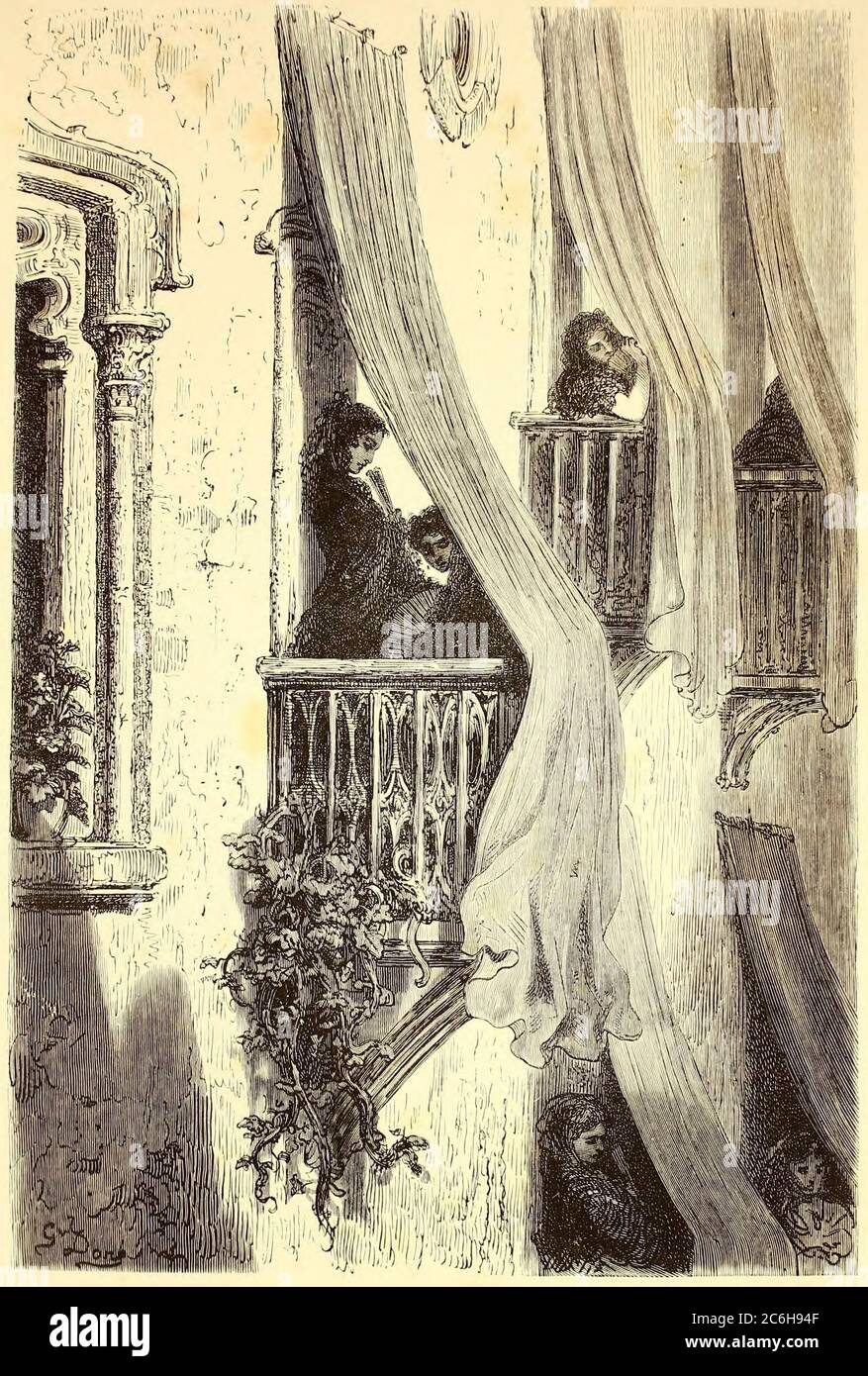 Les Balcons a Grenade [Balconies in Granada] Seitenillustration aus dem Buch 'L'Espagne' [Spanien] von Davillier, Jean Charles, barón, 1823-1883; Doré, Gustave, 1832-1883; Veröffentlicht in Paris, Frankreich von Libreria Hachette, 1874 Stockfoto
