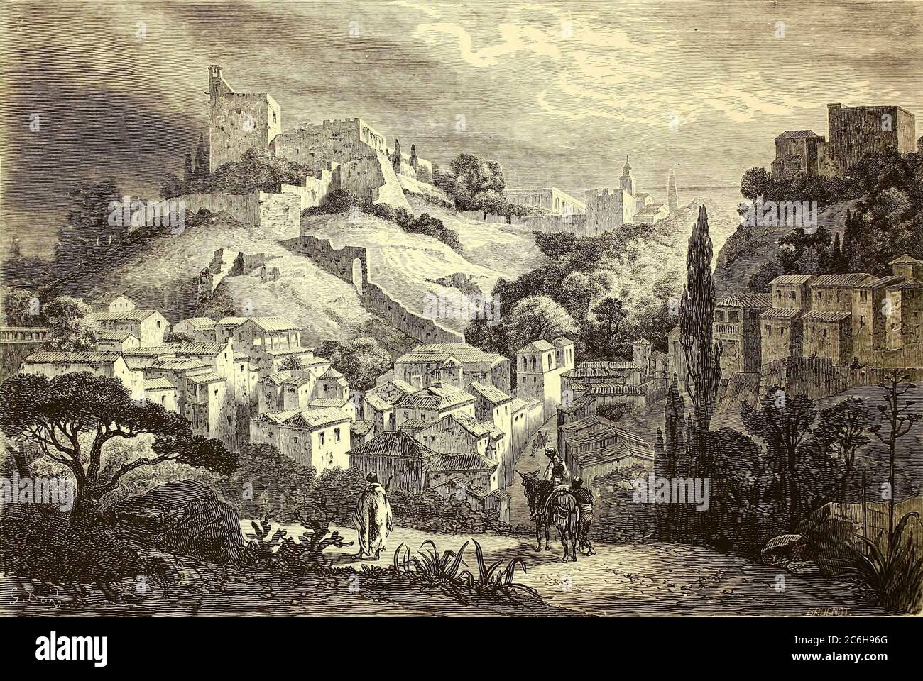 Vue Generale de l'Alhambra [Allgemeine Ansicht der Alhambra, Granada, Andalusien, Spanien] Seitenillustration aus dem Buch 'L'Espagne' [Spanien] von Davillier, Jean Charles, barón, 1823-1883; Doré, Gustave, 1832-1883; Veröffentlicht in Paris, Frankreich von Libreria Hachette, 1874 Stockfoto
