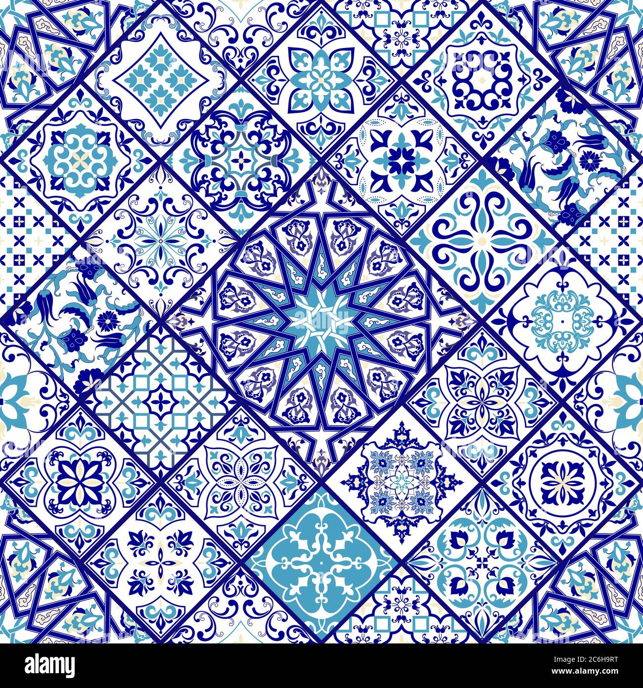 Nahtlose Patchwork-Fliesen in blau und weiß Farben. Endlose Muster kann für Keramikfliesen, Tapete, Linoleum, Textil, Web-Seite Hintergrund verwendet werden. Stock Vektor