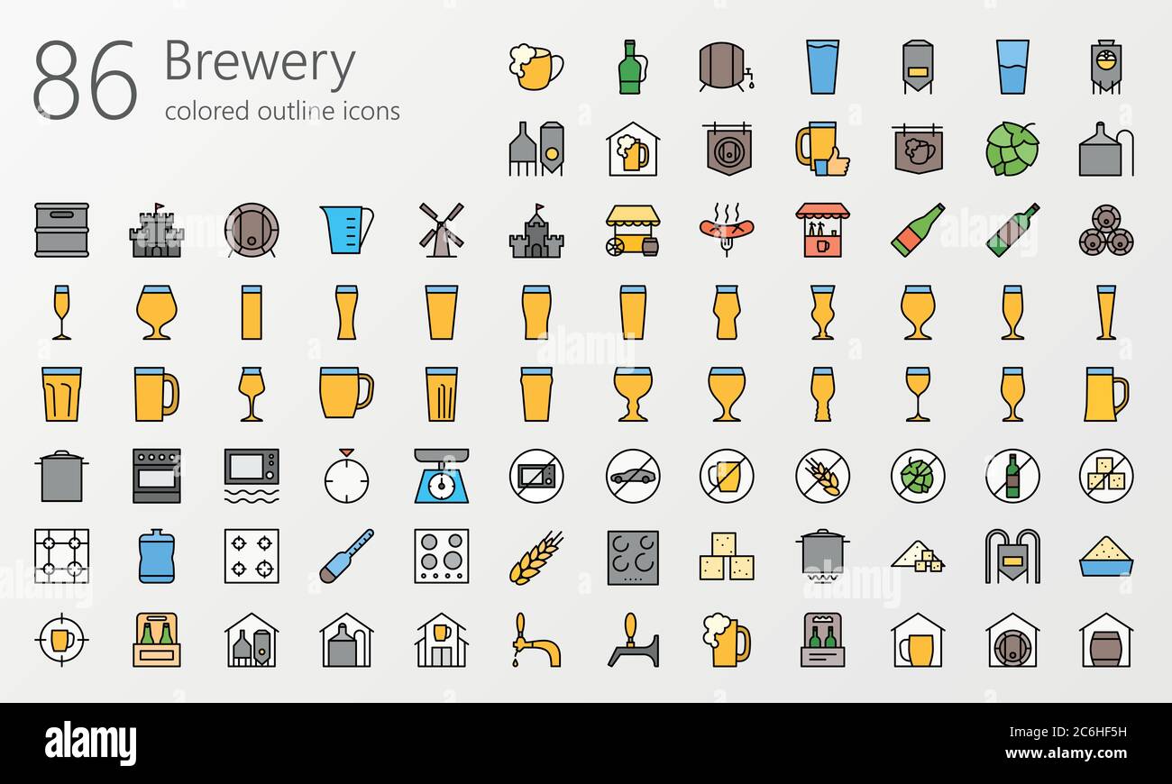 86 Brauerei farbige Umrisssymbole für Instagram Profil, Web, mobile App, Präsentationen und andere Stock Vektor