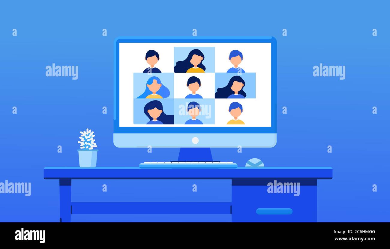 Videokonferenz für Schulungen. E-Learning, Online-Meeting, Work from Home Konzept auf blauem Hintergrund. Vektorgrafik, flach Lay-Stil Stock Vektor