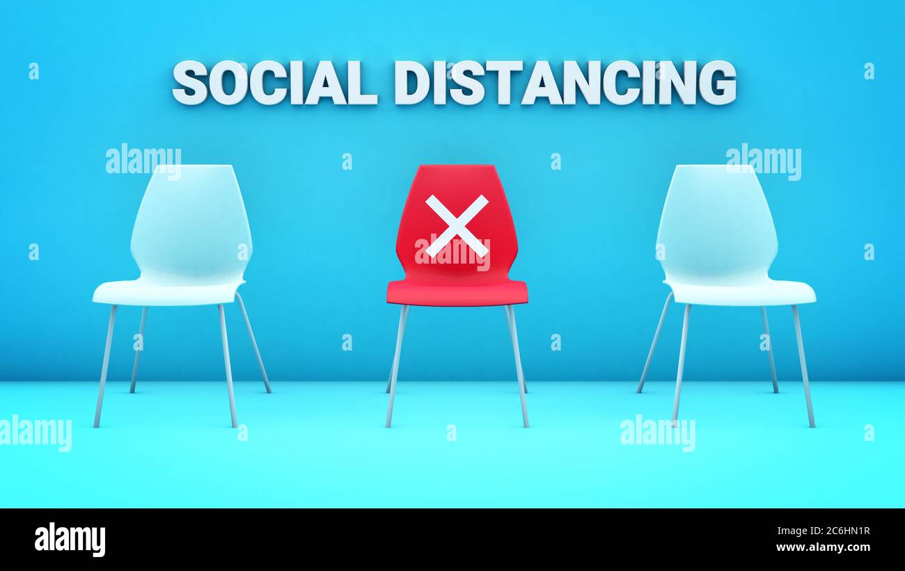 Sozial distanzierende Konzept mit drei Stühlen in einem blauen Raum, der mittlere ist rot mit einem Kreuz, weil es verboten ist, darauf zu sitzen. 3D-Rendering Stockfoto