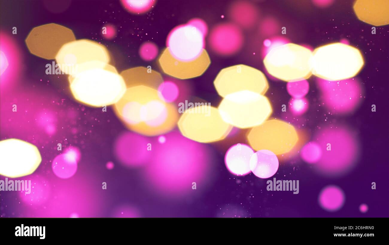 Abstrakter Bokeh Hintergrund. Leuchtend gelbe und rosa Partikel auf buntem Hintergrund. Stockfoto