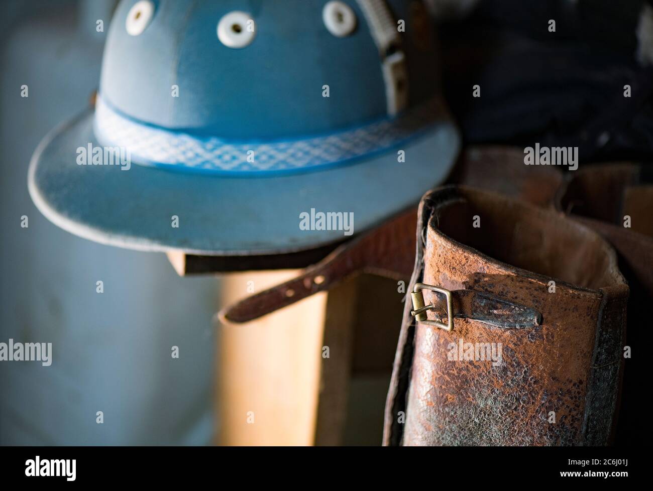 Reiten Polo Ausrüstung Stiefel, Steigbügel Halfter, Bits, Hüte, tack, Schlägel Polo Schlägel Stockfoto