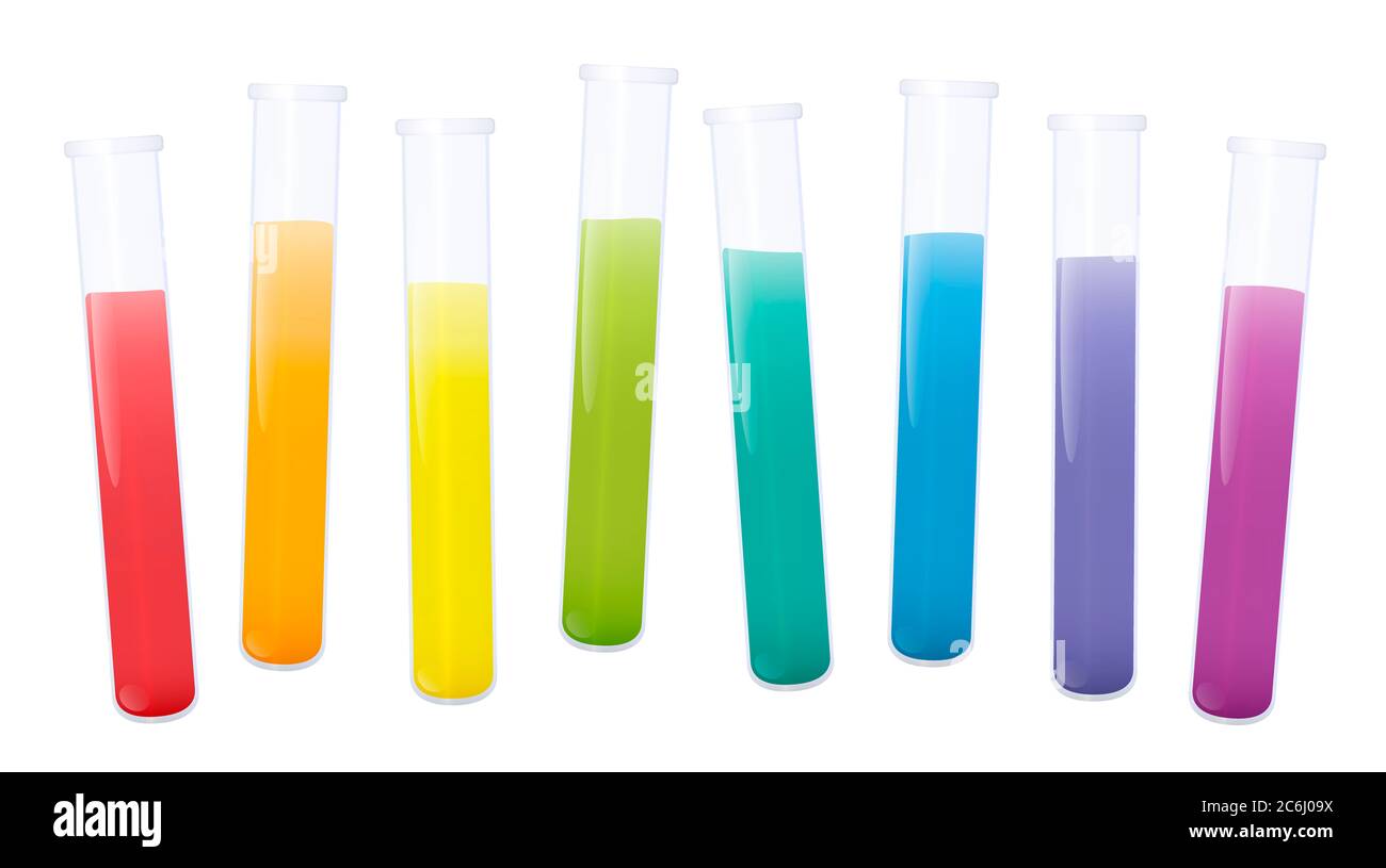 Bunte Reagenzgläser mit regenbogenfarbenen Substanzen, Satz Flüssigkeiten in acht Laborglasröhrchen - Abbildung auf weißem Hintergrund. Stockfoto