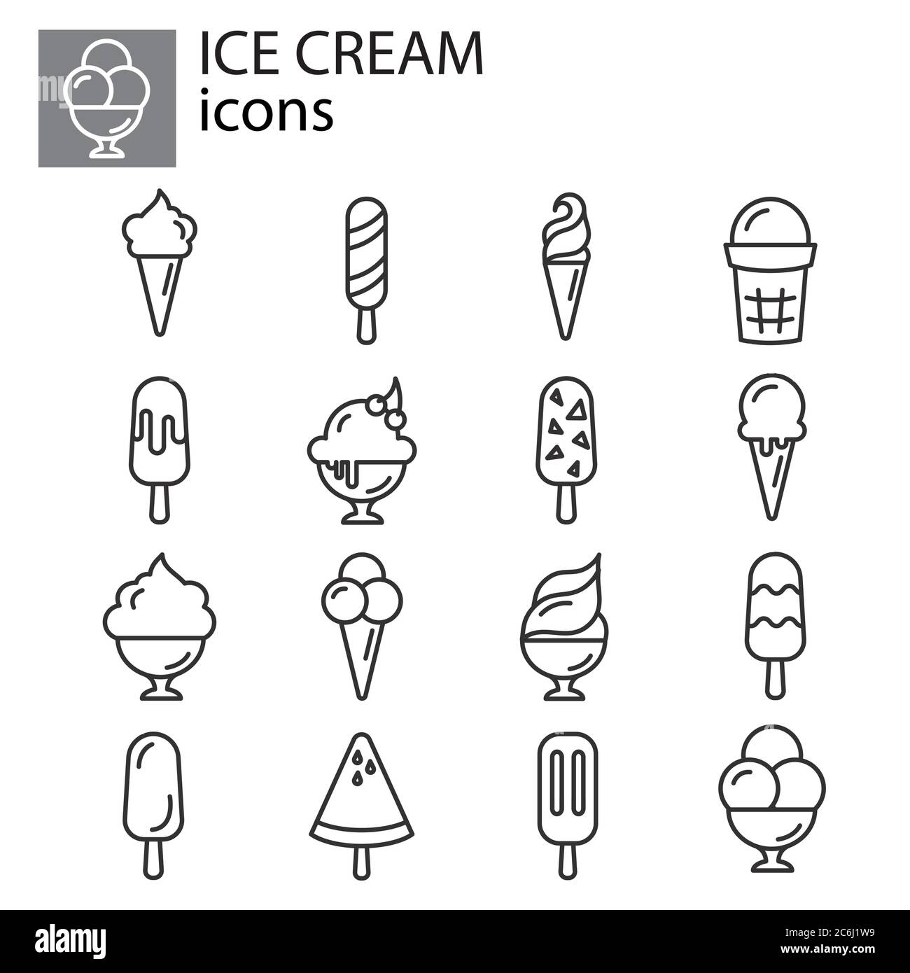 Eis Icon Set, Eis Lolly Set Symbol, Dessert oder Süße in Tasse Symbol dünne Linie, linear, Umriss. Eis aus Glas. Einfaches Schild, Logo Stock Vektor