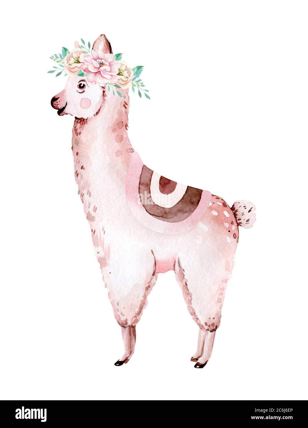 Niedliche Aquarell Lama, Alpaka Illustration isoliert auf weiß. Llama Print ethnischen Decke, Blumen Kranz, Blumenstrauß und Boho mexikanischen Dekoration Stockfoto