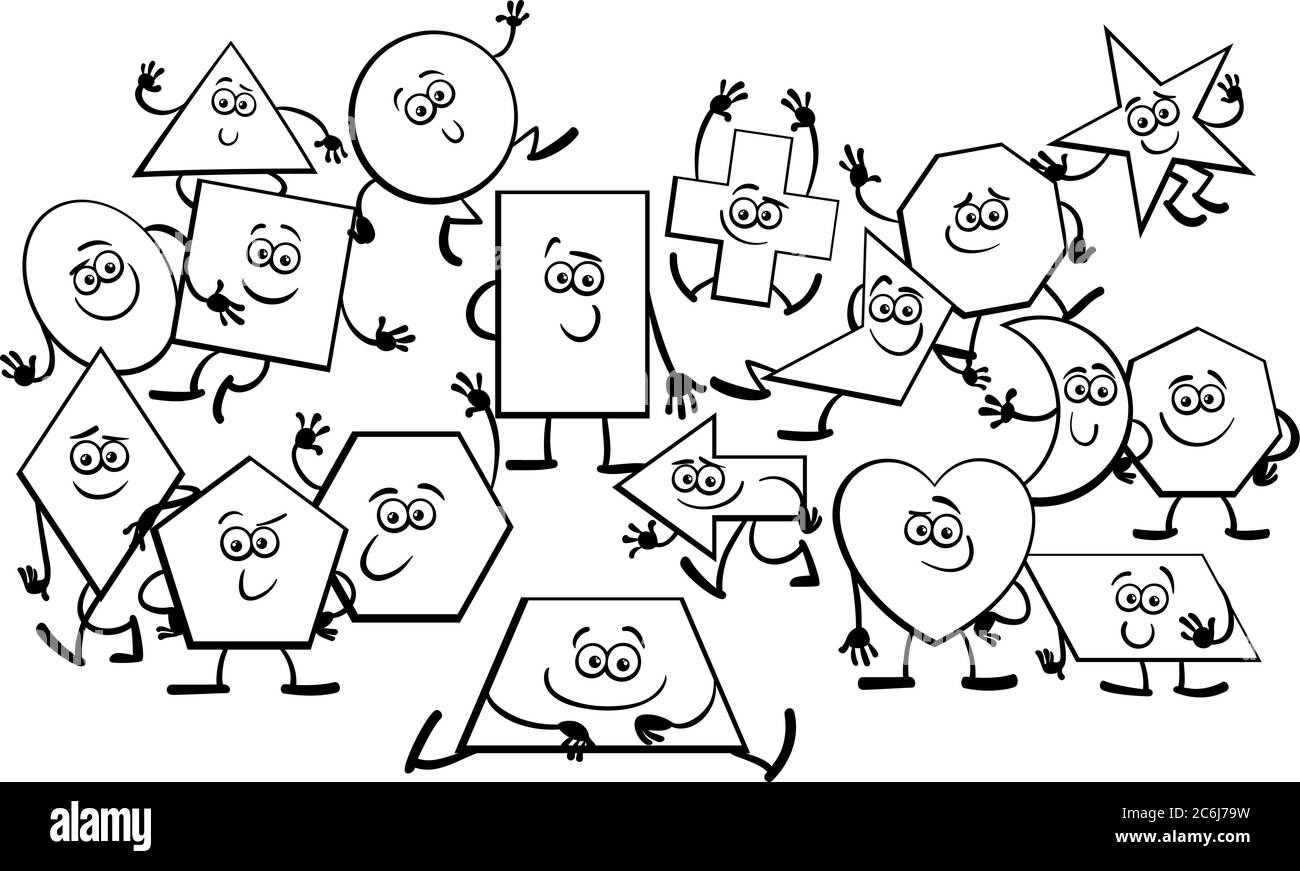 Schwarz-Weiß-Cartoon Illustration von spielerischen Basic geometrische Formen Comic-Zeichen Malbuch Seite Stock Vektor