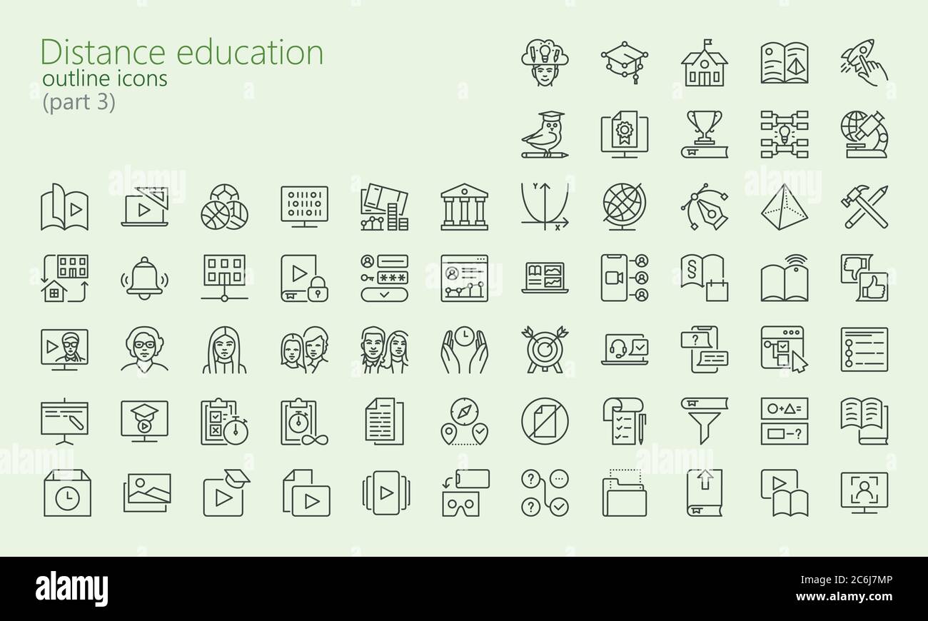 Fernunterricht Übersicht Symbolset Teil 3 für Web, mobile App, Präsentation und andere. Wurde mit Rastern für Pixel Perfect erstellt. Stock Vektor
