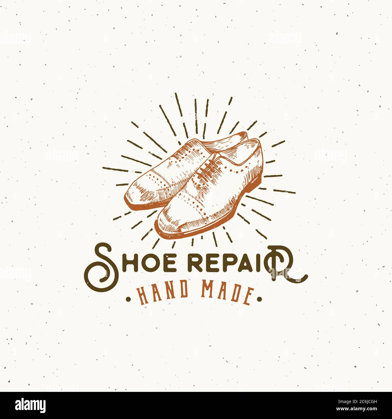 Schuhreparatur Retro Vektor-Zeichen, Symbol oder Logo-Vorlage. Klassische Schuhe Illustration und Vintage Typografie Emblem mit Shabby Textures. Stock Vektor