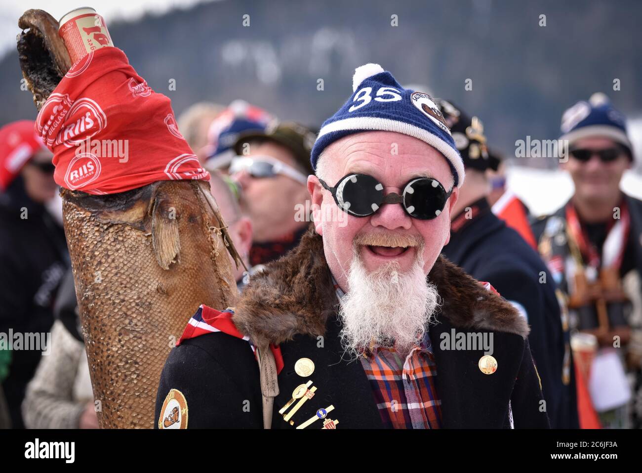 Norwegische Skifans bei den Nordischen Weltmeisterschaften, Seefeld, Österreich, 2019. Stockfoto