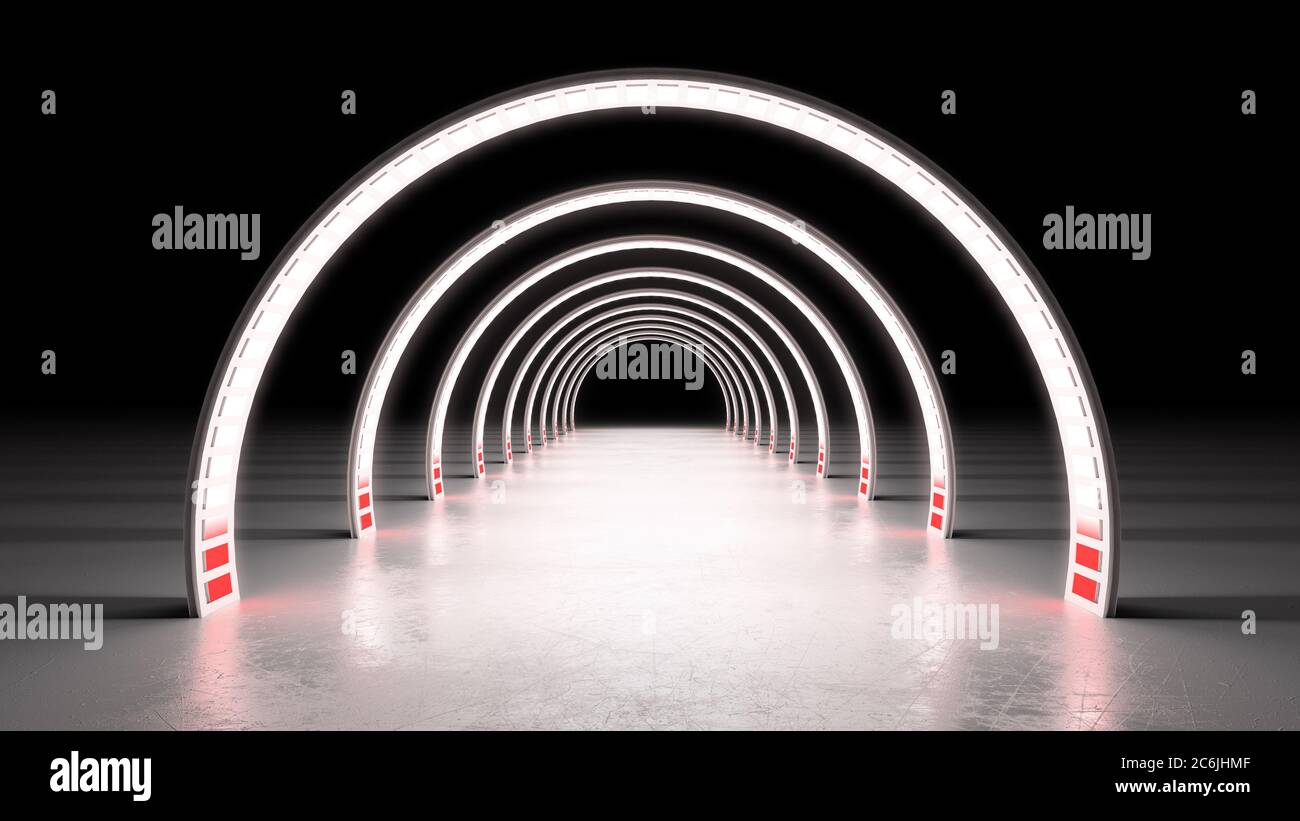 Abstrakt minimal Hintergrund weiß glühenden Zyrkel Linien Tunnel Neon Lichter 3d Render Stockfoto