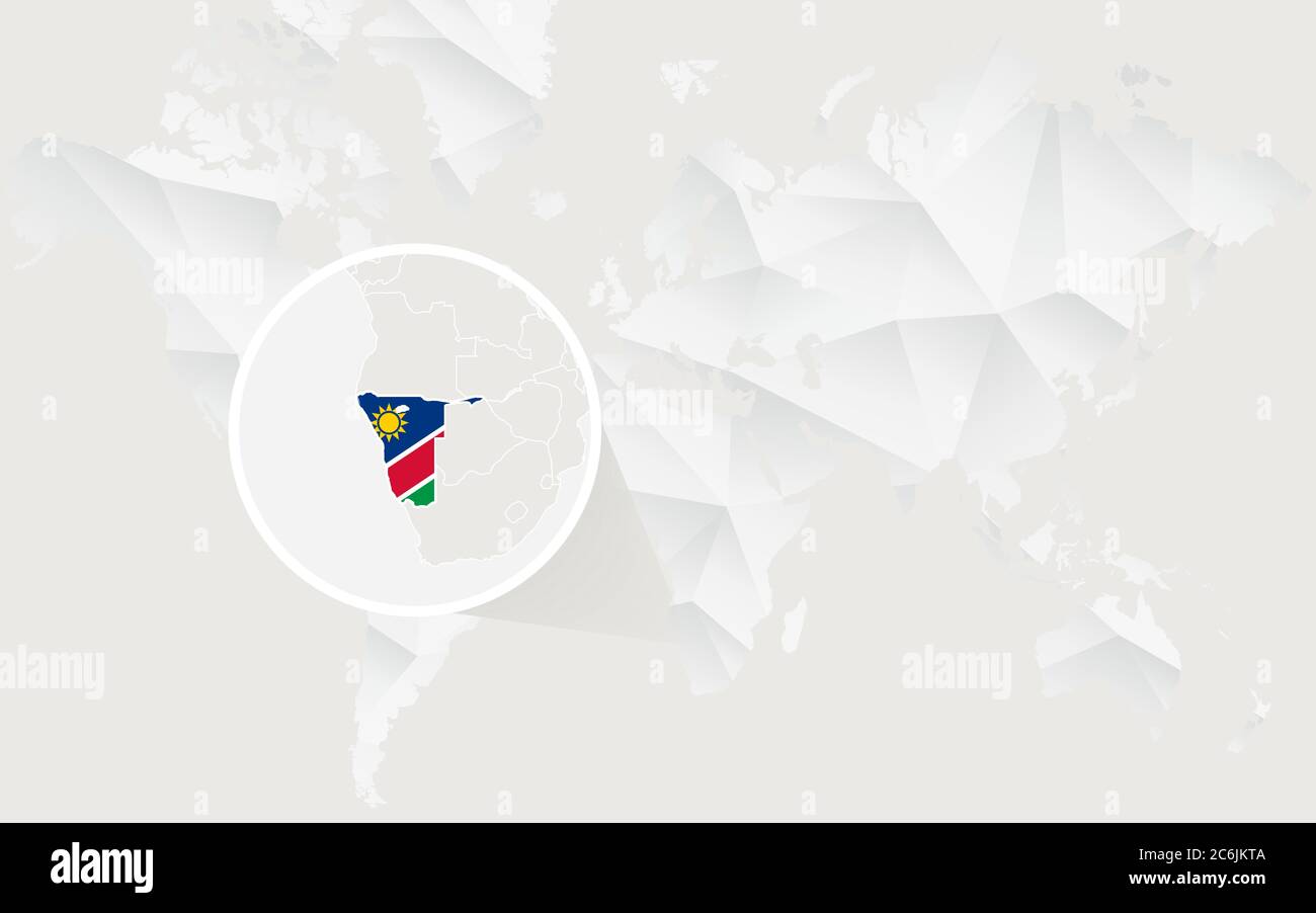 Namibia Karte mit Flagge in Kontur auf weißer polygonaler Weltkarte. Vektorgrafik. Stock Vektor