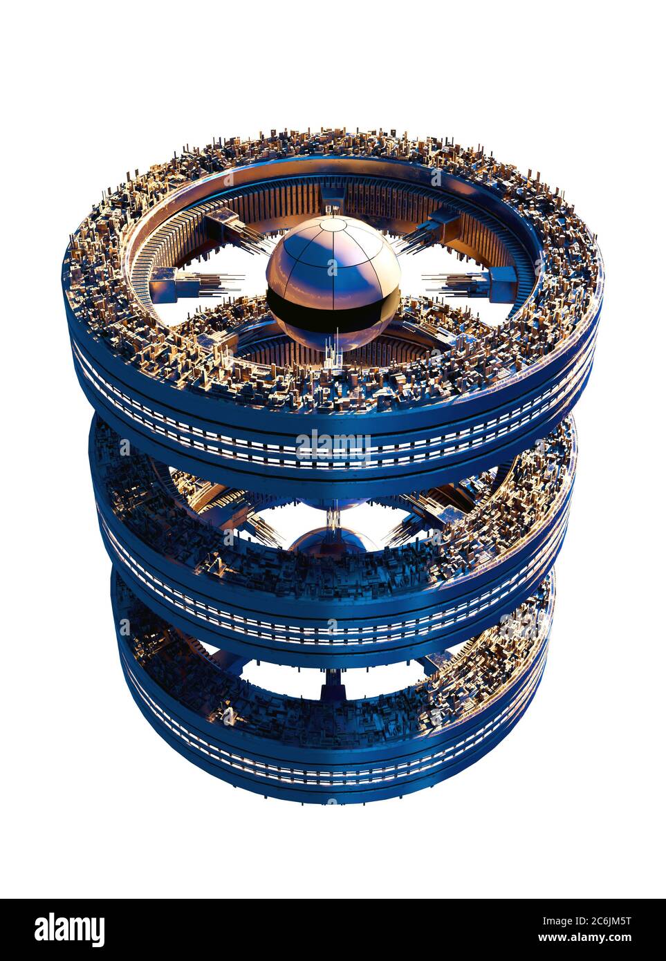 3D futuristisches Raumschiff auf einer dreirädrigen Struktur mit dem in der Abbildung enthaltenen Clipping Path, für Science Fiction Architektur oder vi Stockfoto