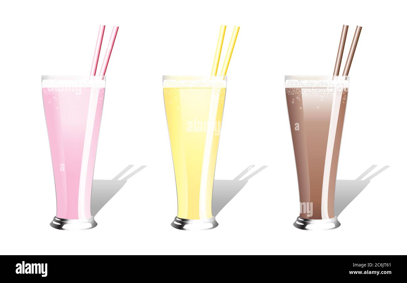 Erdbeer-, Banane- und Schokoladenmilchshakes mit Strohhalmen. EPS10-Vektorformat. Stock Vektor