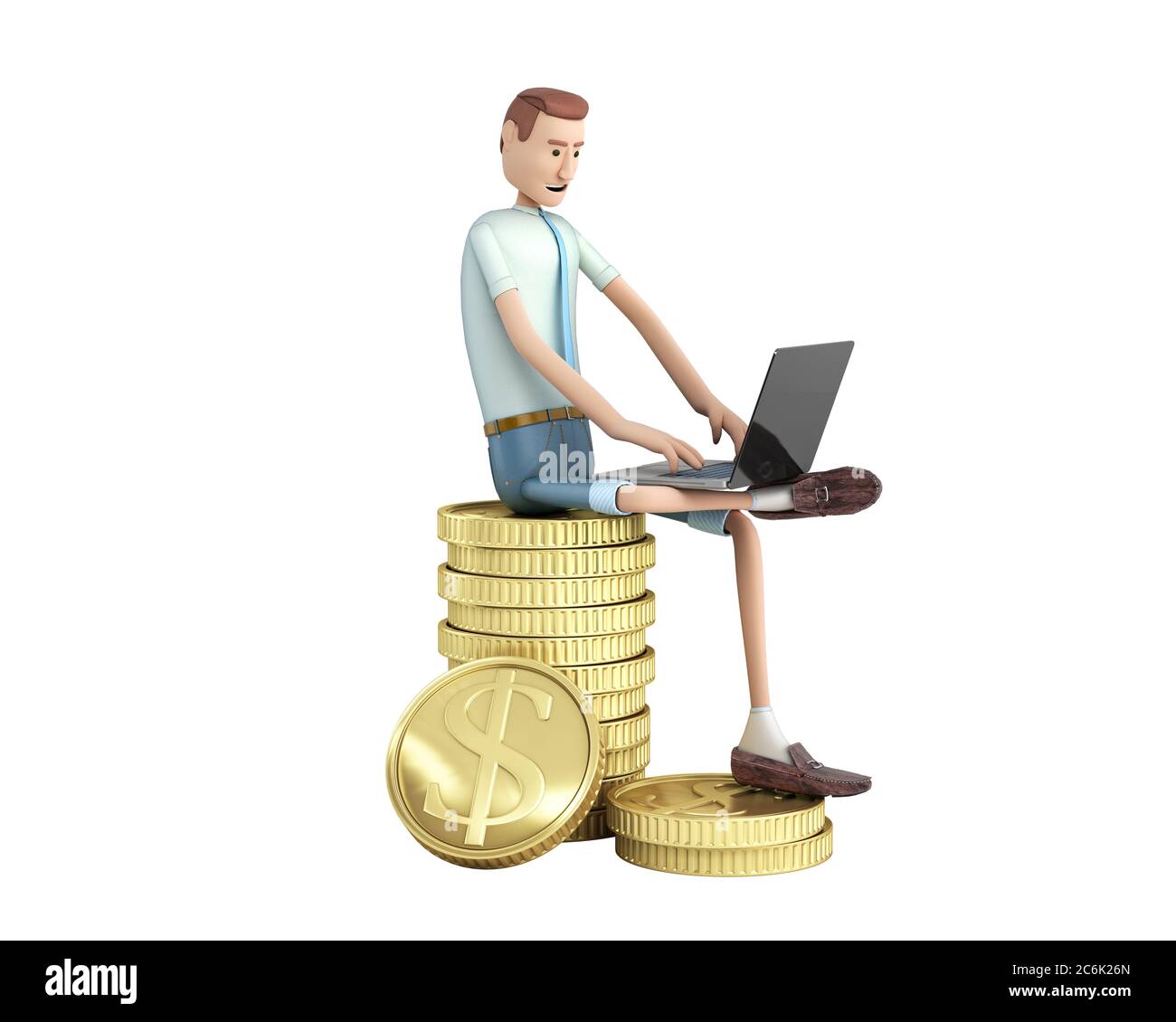 Internet Job Konzept Cartoon Mann auf einem Stapel mit Münzen arbeiten auf einem Laptop 3d-Rendering auf weiß kein Schatten Stockfoto