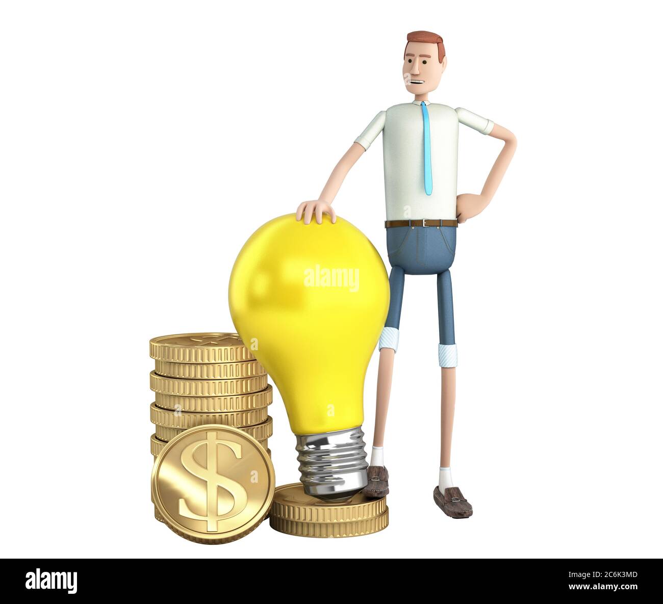 Profitable Idee Konzept Cartoon Mann hält eine Glühbirne auf Münzen 3d Rendering auf weiß kein Schatten Stockfoto