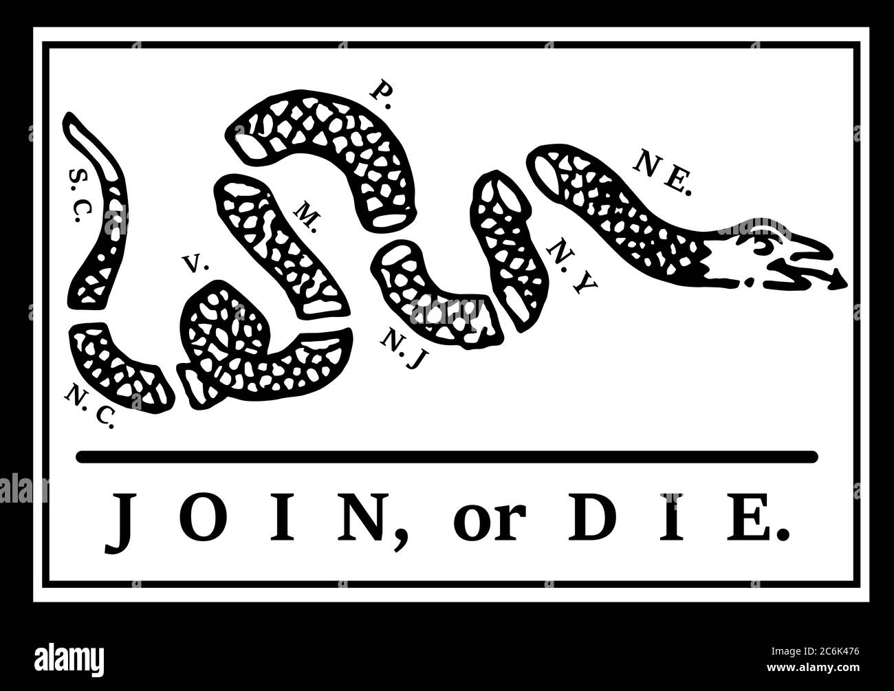Join or die von Benjamin Franklin ein politischer Karikaturkommentar über die Uneinigkeit der dreizehn Kolonien während des Französisch-Indischen Krieges Stockfoto