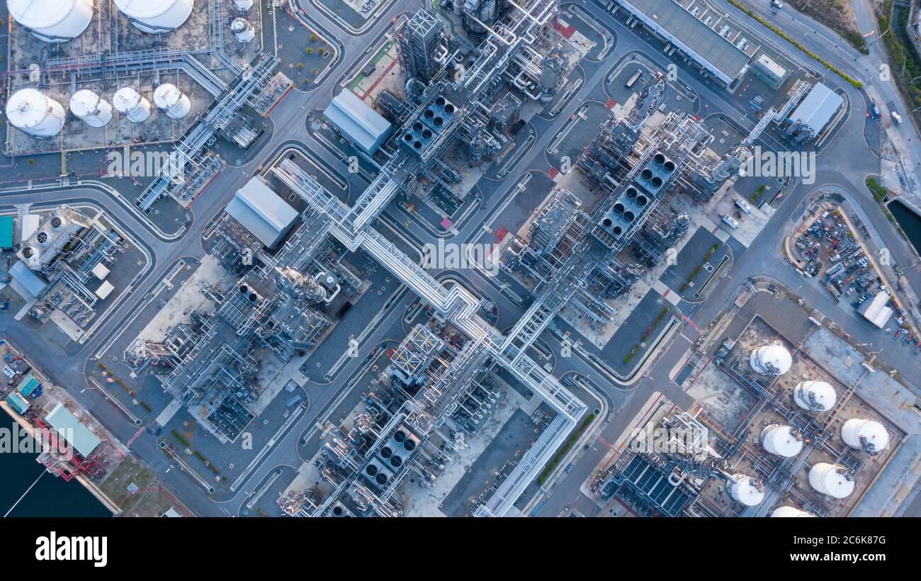 Luftaufnahme der Öl- und Gasraffinerie-Industrie. Stockfoto