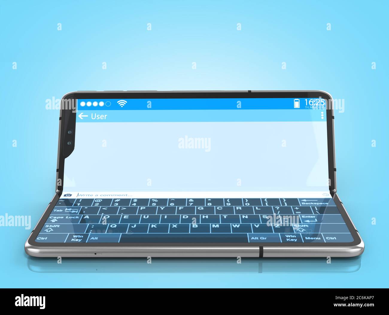 Serielles flexibles Telefon mit Dialogfeld auf dem Bildschirm 3d-Rendering auf blauem Verlauf Stockfoto