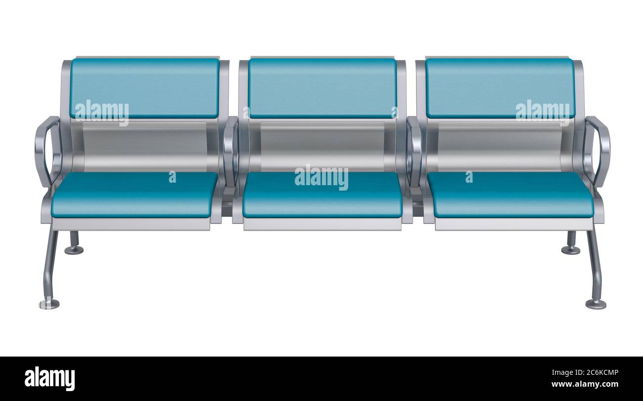 Bank oder Stühle für Warteraum, 3 Plätze mit gepolstertem Kissen in blauem Kunstleder gepolstert, Vorderansicht. 3D-Rendering auf weißem Hintergrund isoliert Stockfoto