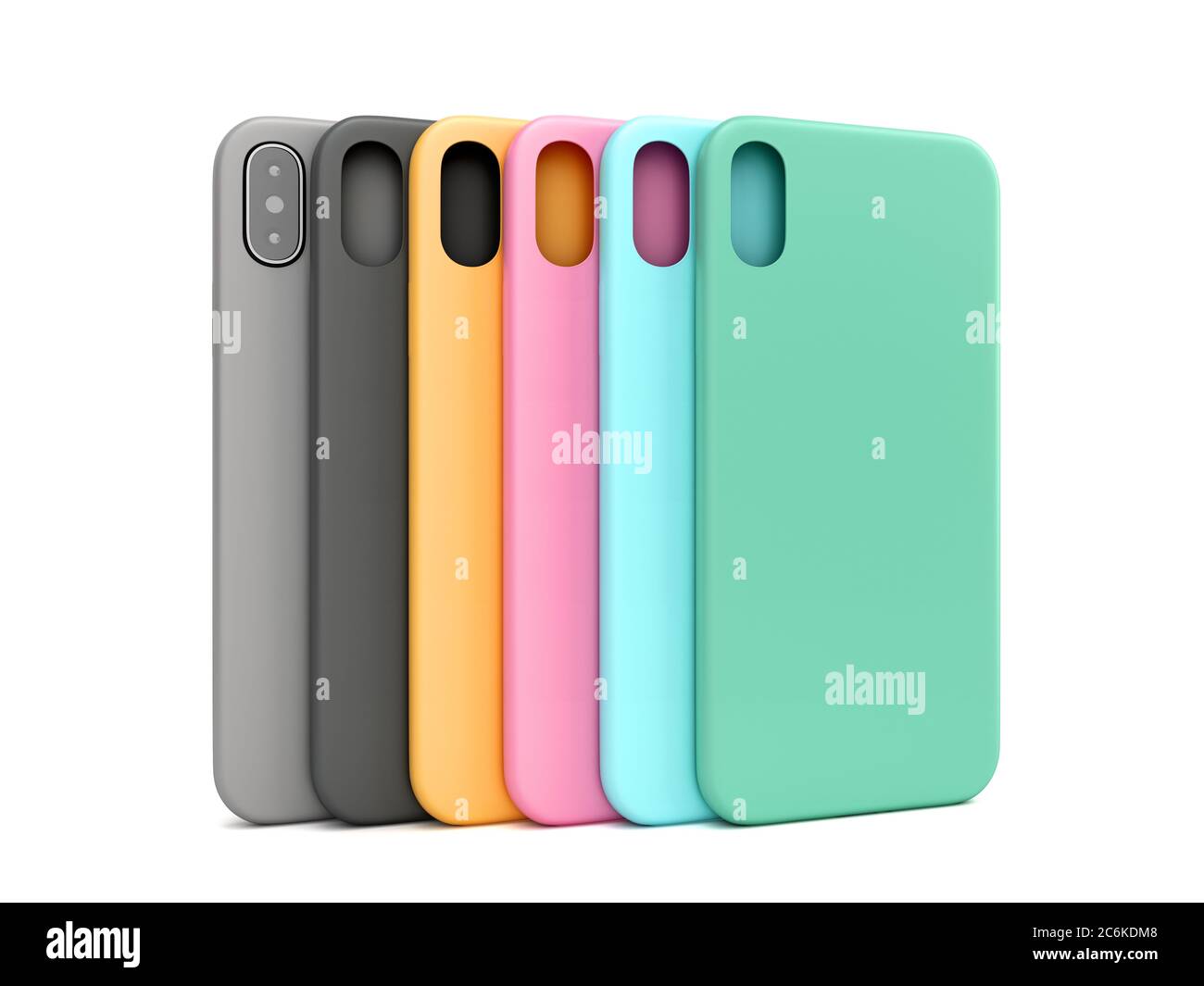 Mehrfarbige Telefontaschen Präsentation für Schaufenster 3d-Rendering auf weiß Stockfoto