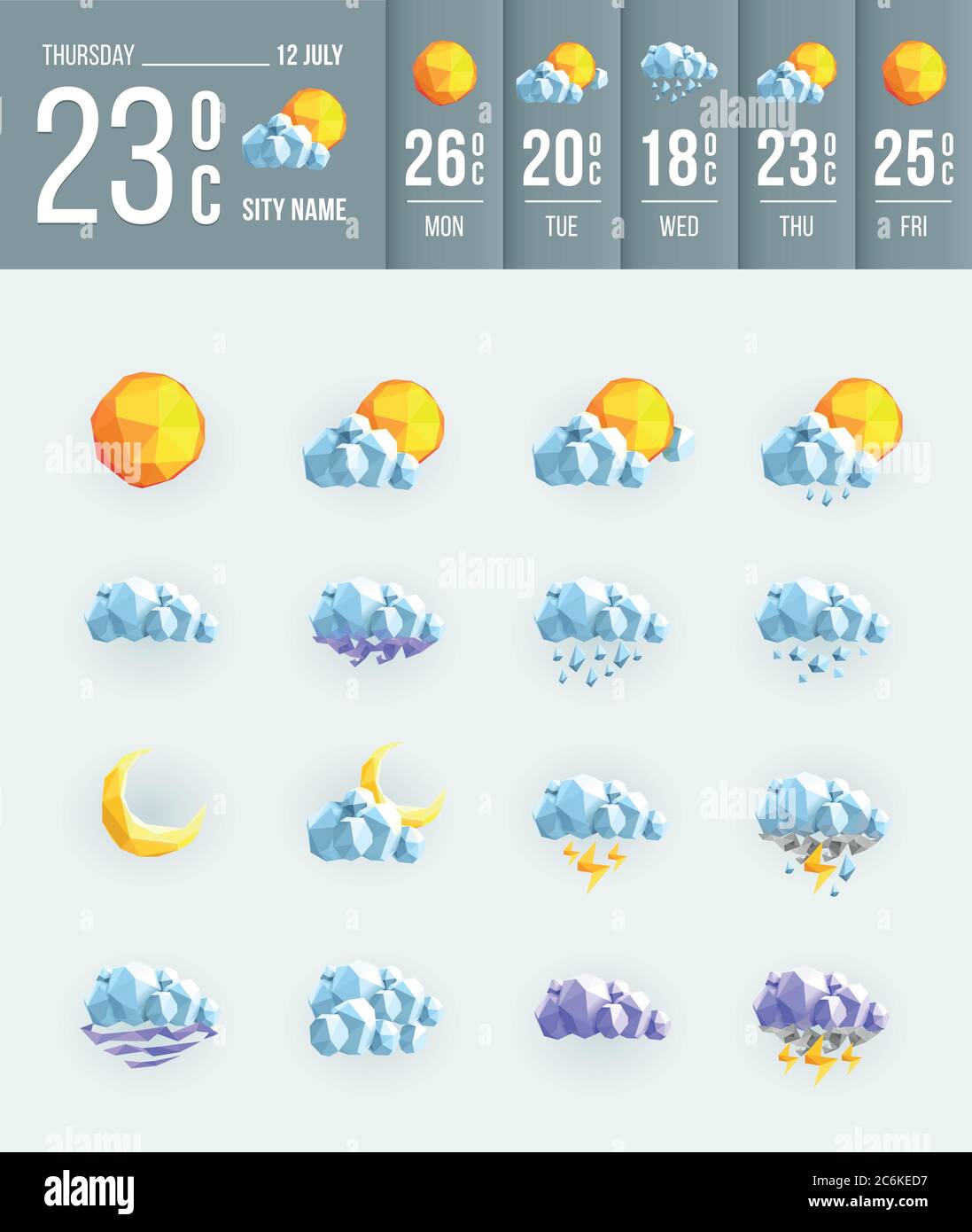 Wetterset-Symbole Low Poly. Geometrische Set Wetter Symbol für Ihr Design. Stock Vektor