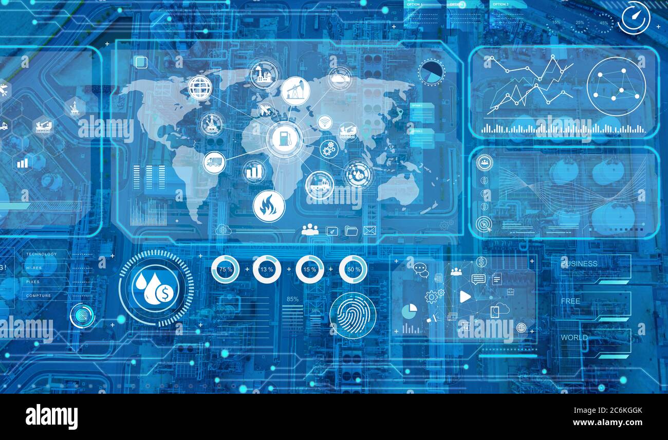 Industrie 4.0 Konzept. Icon Konzept für die Verbindung und den Austausch von Informationen mit Luftaufnahme der Ölraffinerie industriellen Hintergrund Stockfoto