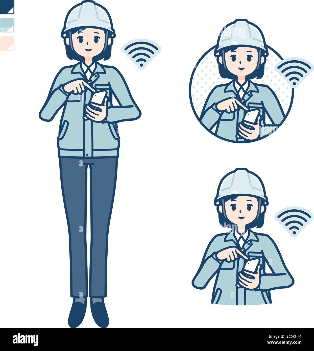 Eine Frau trägt Arbeitskleidung mit Bedienung Smartphone Bilder. Es ist Vektorgrafik, so dass es einfach zu bearbeiten ist. Stock Vektor