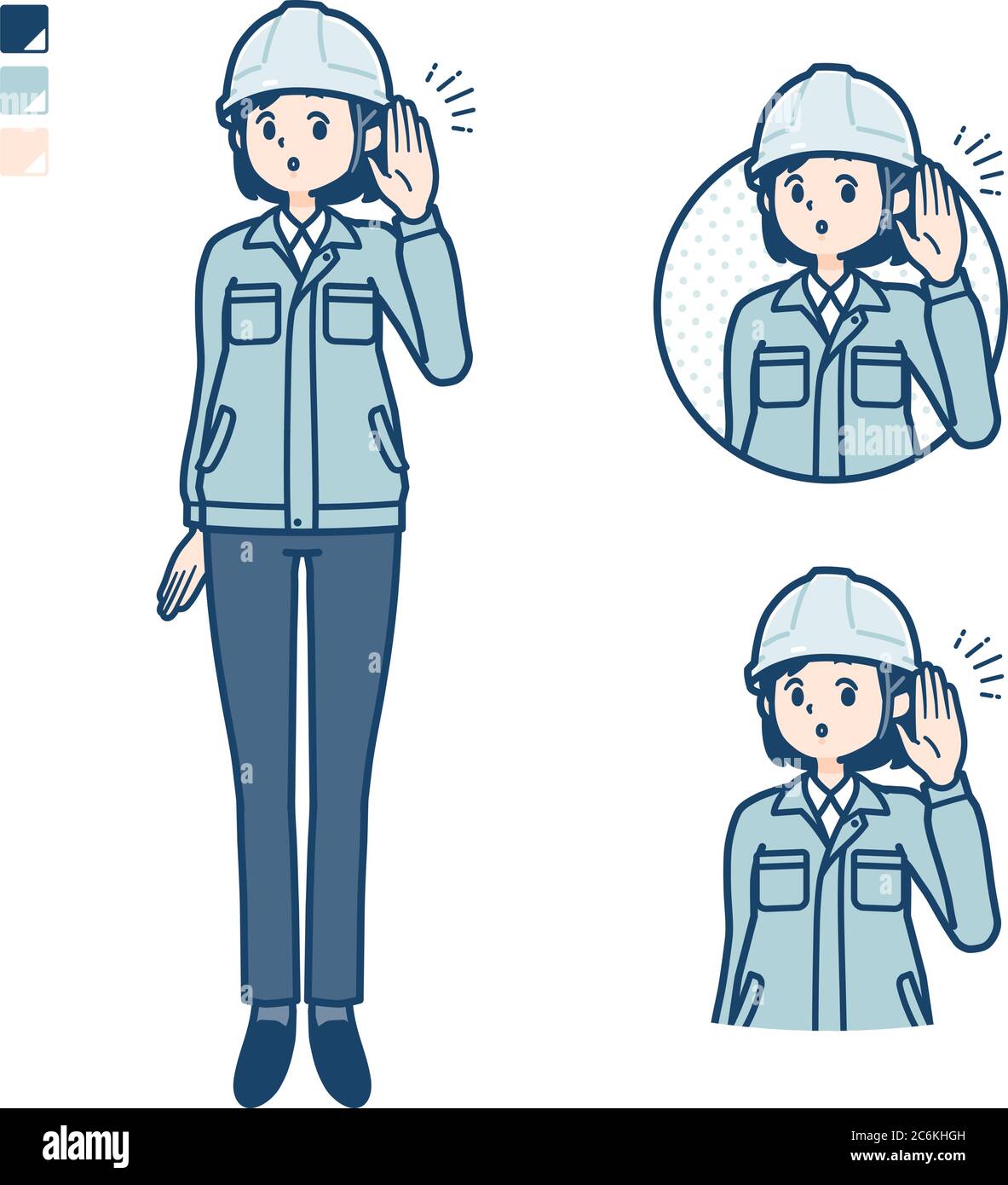 Eine Frau trägt Arbeitskleidung mit Bildern zum Zuhören. Es ist Vektorgrafik, so dass es einfach zu bearbeiten ist. Stock Vektor