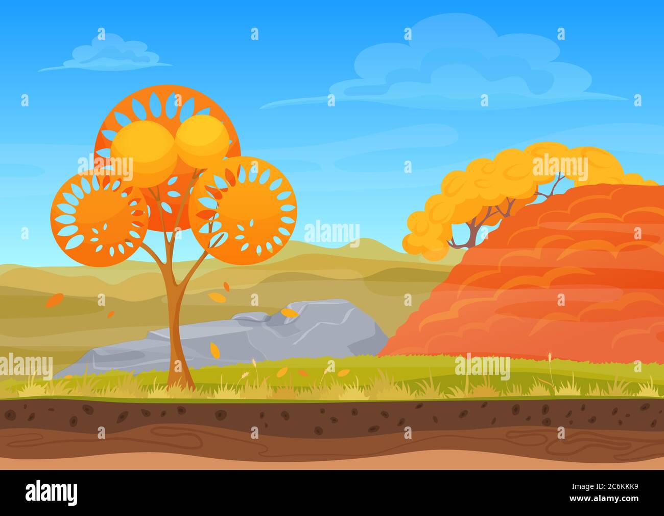 Cartoon Natur Herbstlandschaft in Sonnentag mit Gras, Bäumen, bewölktem Himmel und Bergen Hügel. Vektor bunte Spiel Stil Illustration. Hintergrund für Spiele Stock Vektor