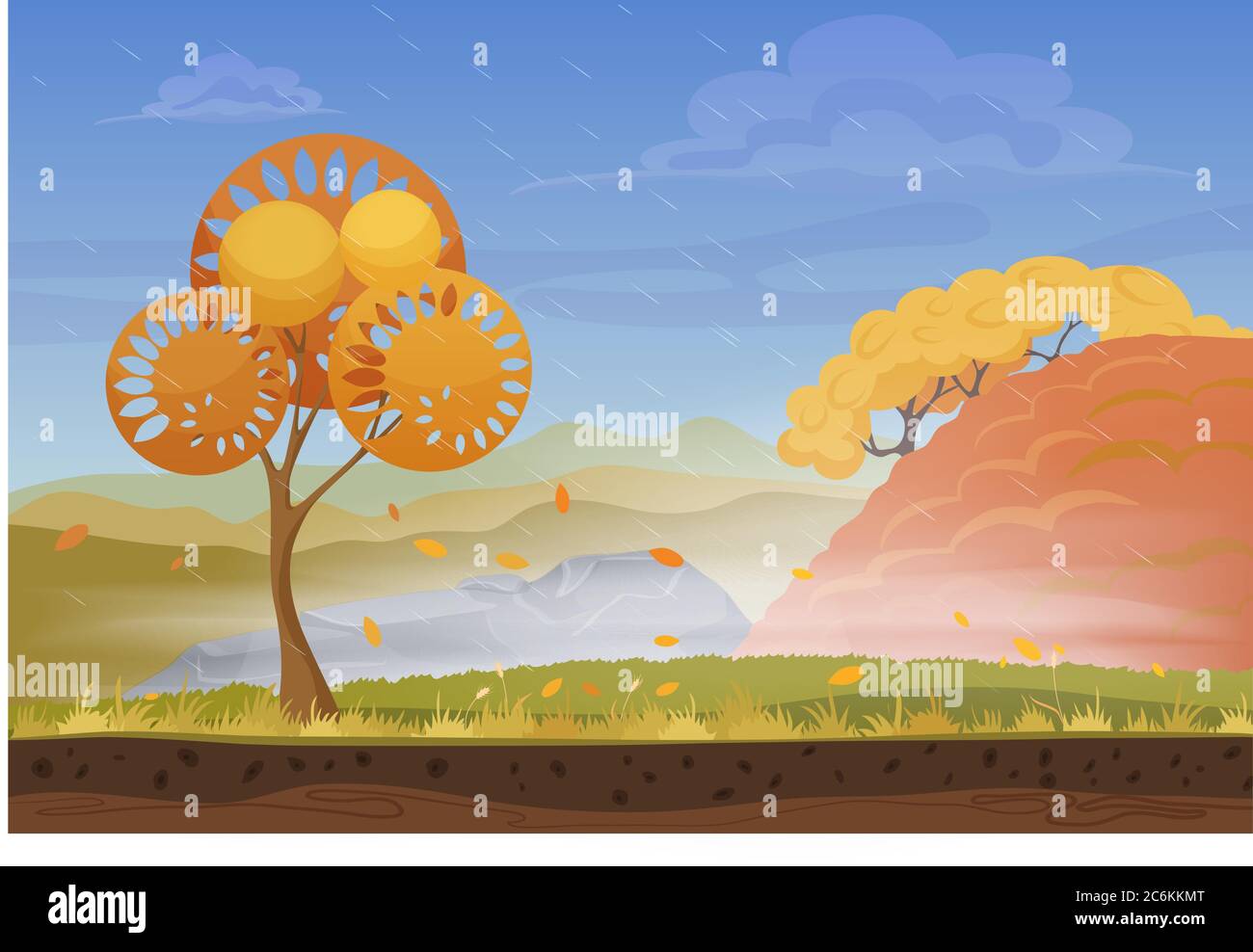 Cartoon Natur Herbst Landschaft im Sturm regen Wind kalten Tag mit Gras, Bäumen, bewölkten Himmel und Berge Hügel. Vektor Spiel Stil Illustration. Hintergrund für Spiele Stock Vektor