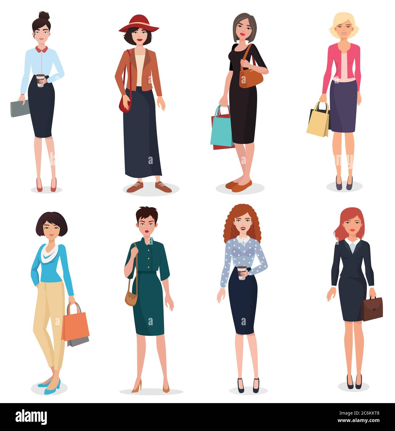 Frauen Erwachsene in Business-Büro und Mode Kleidung. Schöne Cartoon Erwachsene Frau Sammlung Stock Vektor
