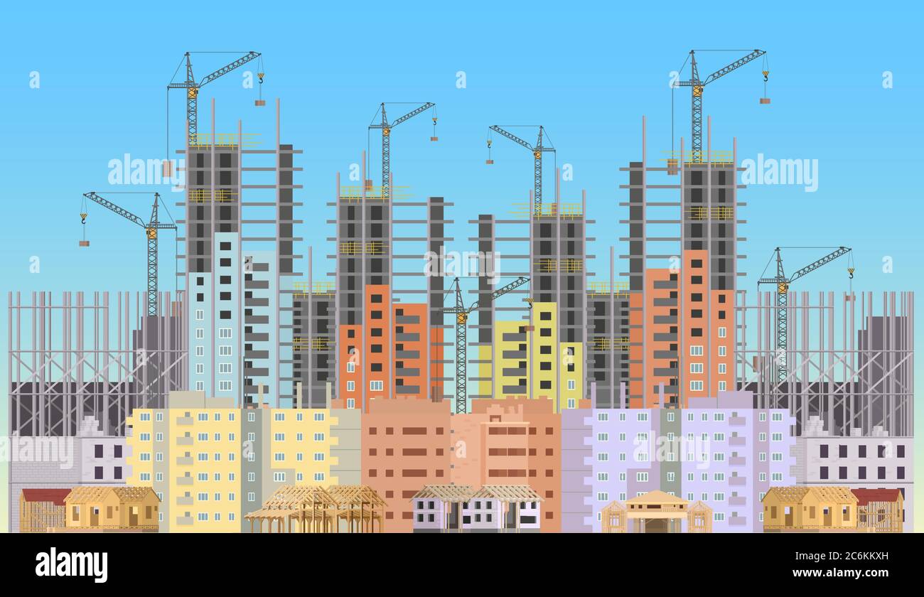 Building City under Construction Website mit Turmdrehkranen. Konstruktionen Infografiken Vorlage Design Stock Vektor