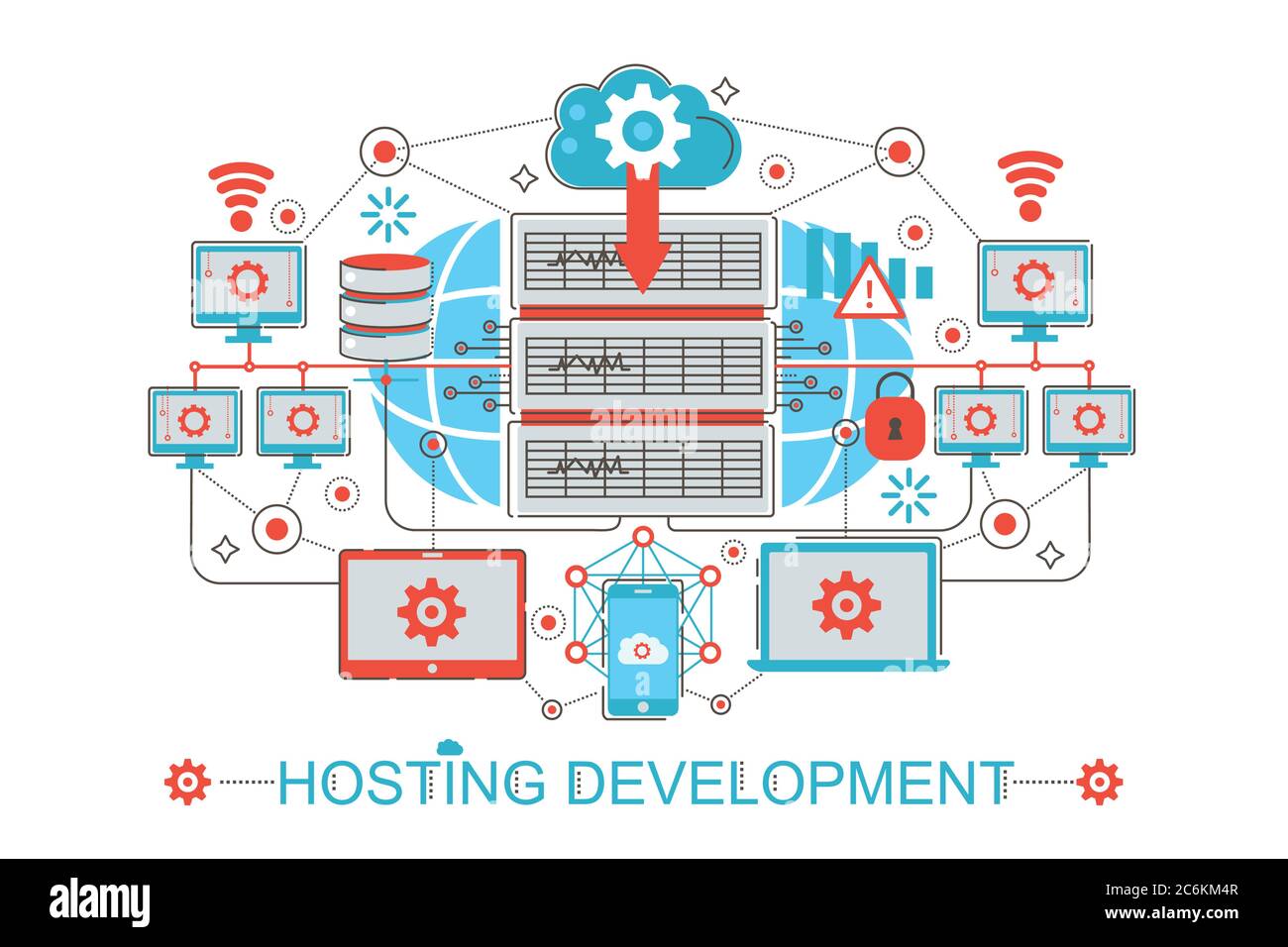 Moderne Grafik flat line Design Stil Infografiken Konzept der Hosting-Entwicklung mit Icons, für Website, Präsentation und Poster Stock Vektor