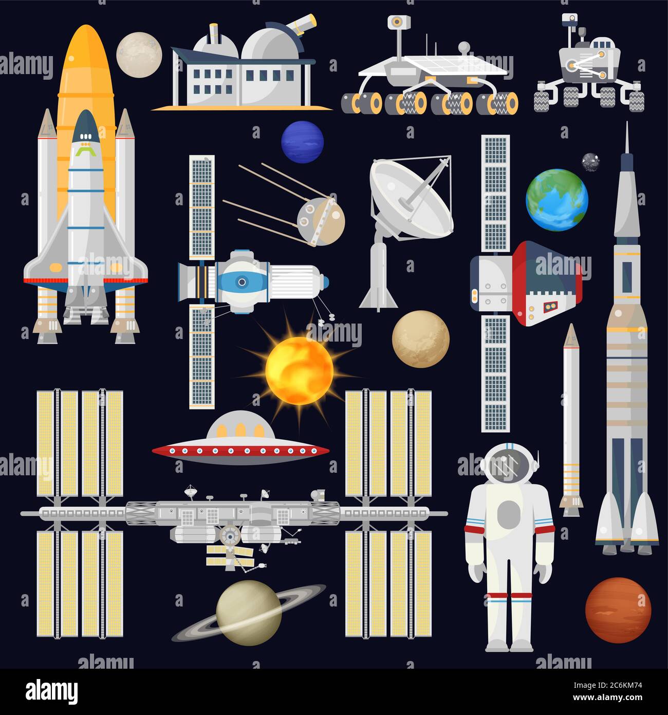 Raumfahrzeug- und Raumfahrttechnik für Infografik. Sternsymbol. Planeten, Raketen, Satelliten Stock Vektor