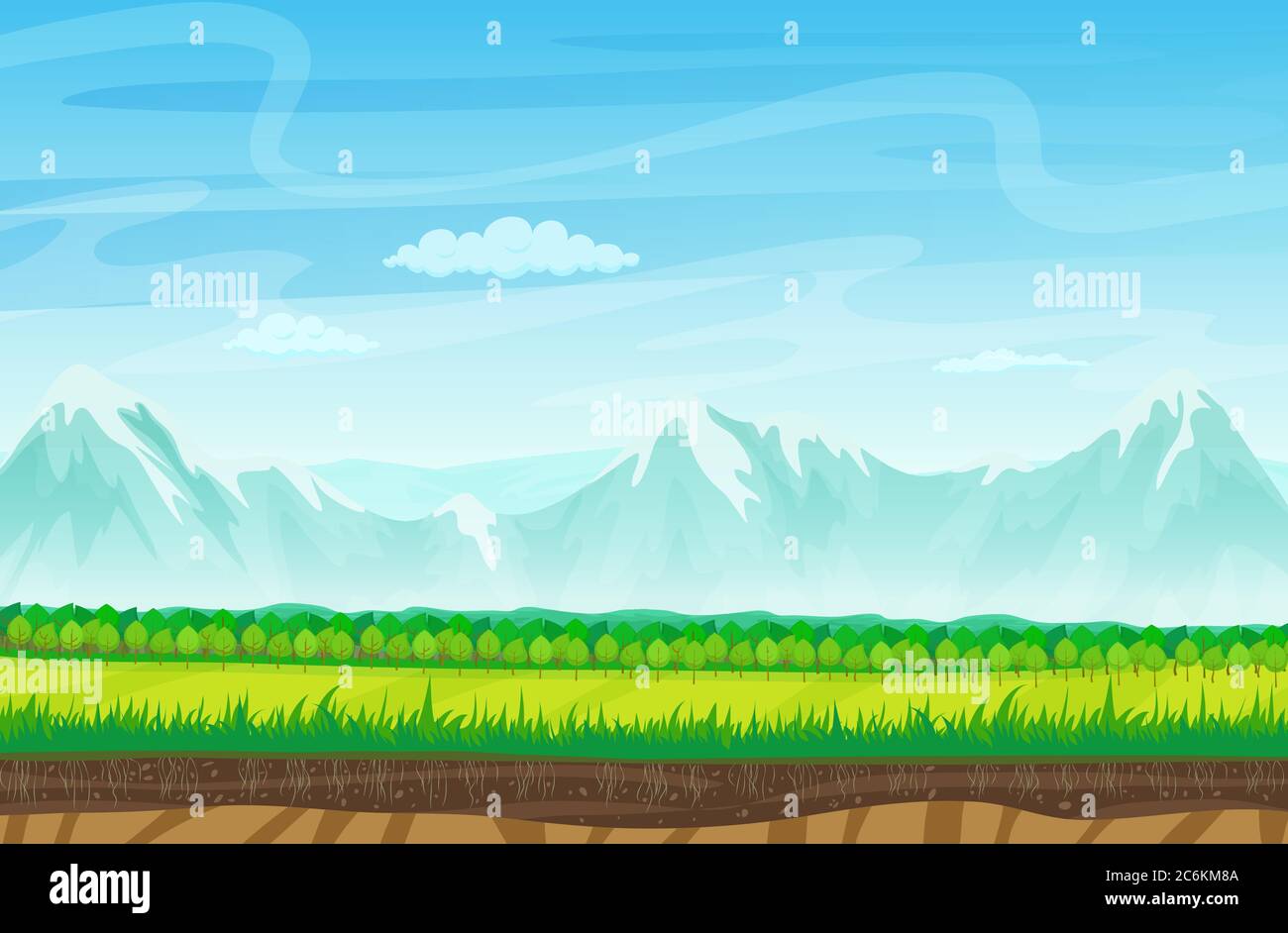 Nahtlose Cartoon-Landschaft mit Felsen, Bergen und Gras. Landschaft für Spiel Stock Vektor