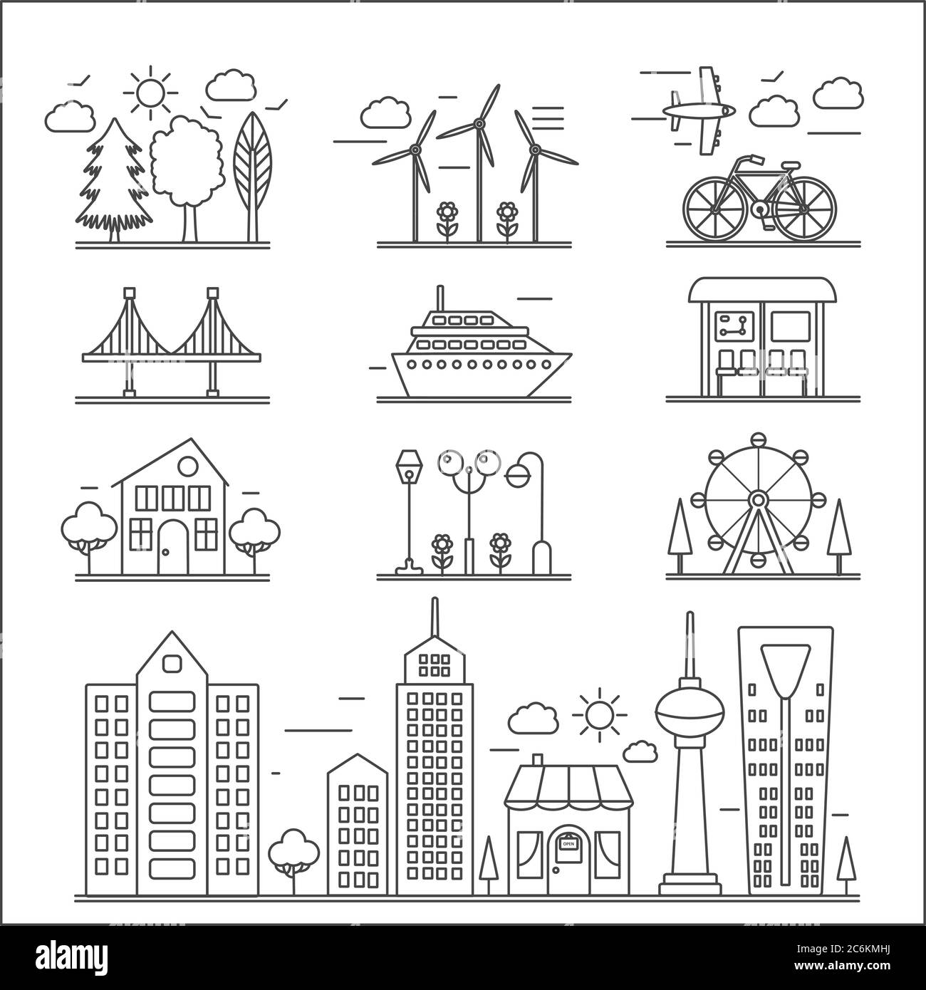 Landschaft Stadt Gebäude dünne Linie ourline lineare Design-Ikonen Elemente gesetzt. Grafikdesign Stadtkonstrukteur Stock Vektor