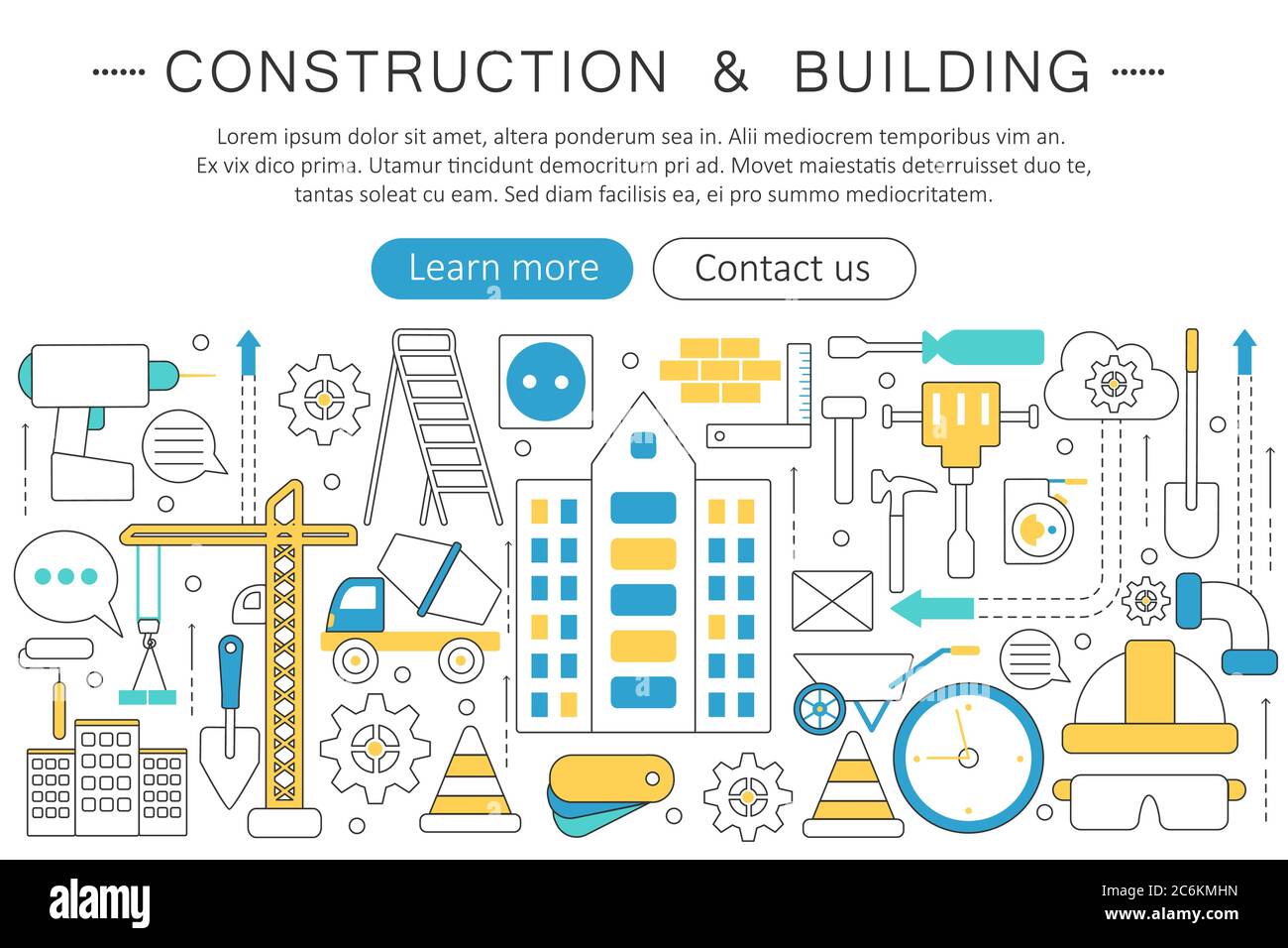 Vector elegante dünne Linie flach modernes Gebäude und Bauwerkzeuge Konzept. Layout der Banner-Elemente für die Website-Kopfzeile. Präsentation, Flyer und Poster Stock Vektor
