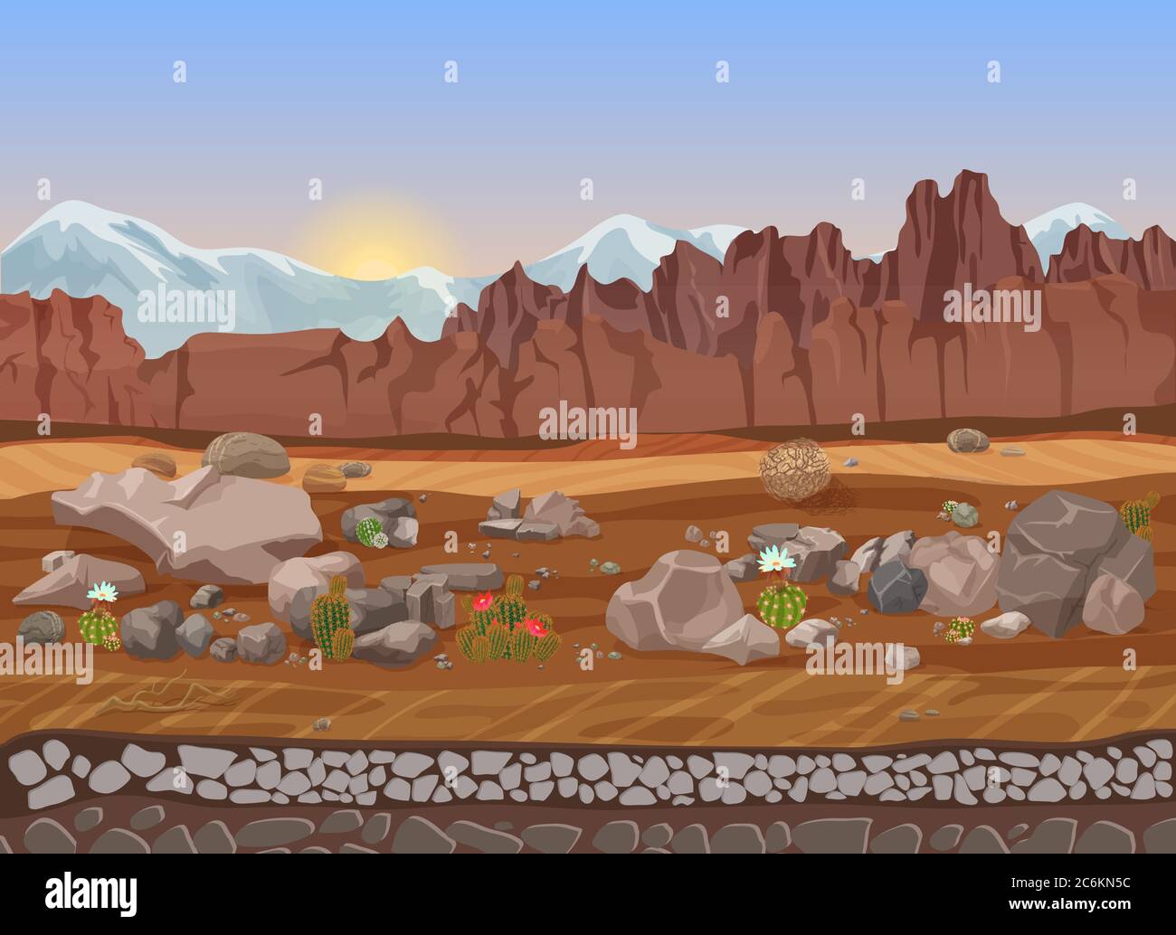 Cartoon Trockenstein Wüstenlandschaft mit Kaktus, Bergen, Felsen und Sand Stock Vektor