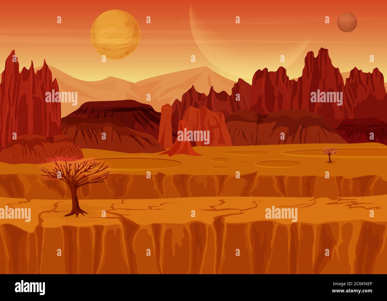Fairy Spiel Sci-Fi rot mars Alien Landschaft. Die Natur auf einem anderen Planeten mit Bergen, Felsen und Planeten am Himmel. UI Gaming-Landschaft Stock Vektor